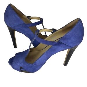 Kenneth Cole "Au Cafe" blue suede leather T-bar strap platform high heels Sz 6‎